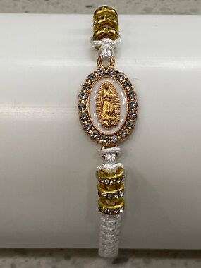 Gold-Tone Virgin Mary Charm Bracelet on White Cord